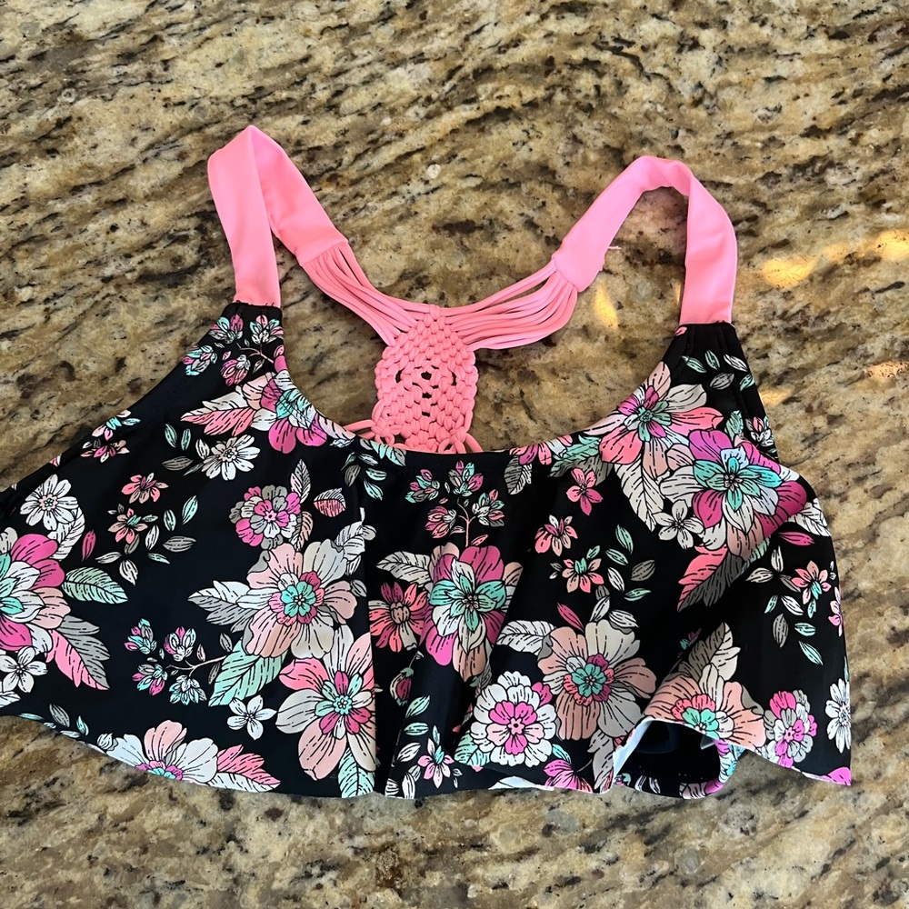 Floral Bikini Top with Pink Straps